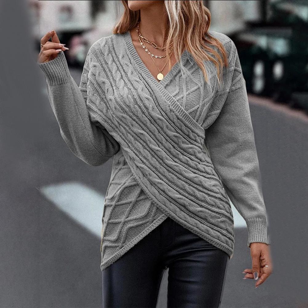 Women Knitted Pullover Stylish Twist Pattern Knitting Sweater Autumn Winter Slim Fit Women Sweater V Neck Solid Color Knitwear