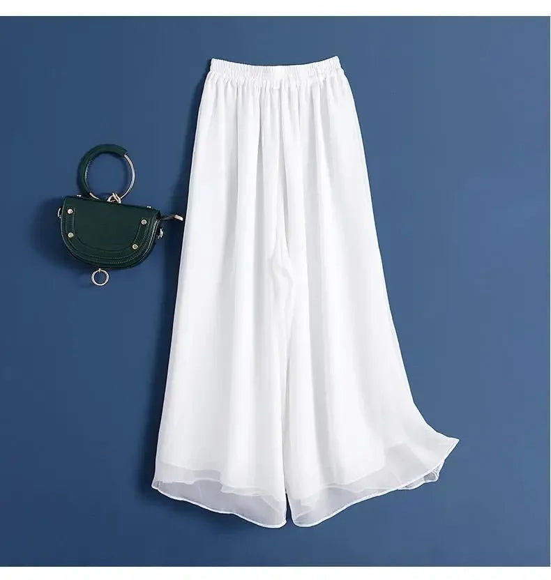 New Summer White Drape Chiffon Wide-Leg Pants Casual Chiffon Trousers Pants Women Clothing Loose High Waist Slim Skirt bd67