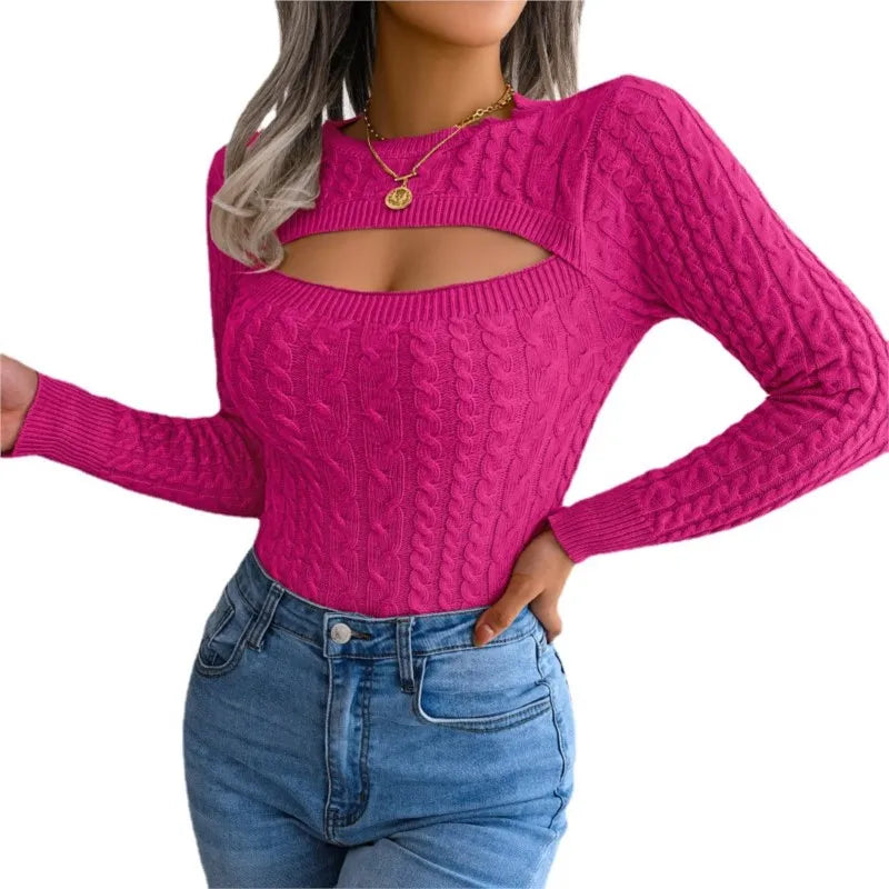 New Autumn And Winter Women's Fashion Hollow Out Fried Dough Twists Long Sleeve Sweater Round Neck Solid Fit Women's Wear 2024