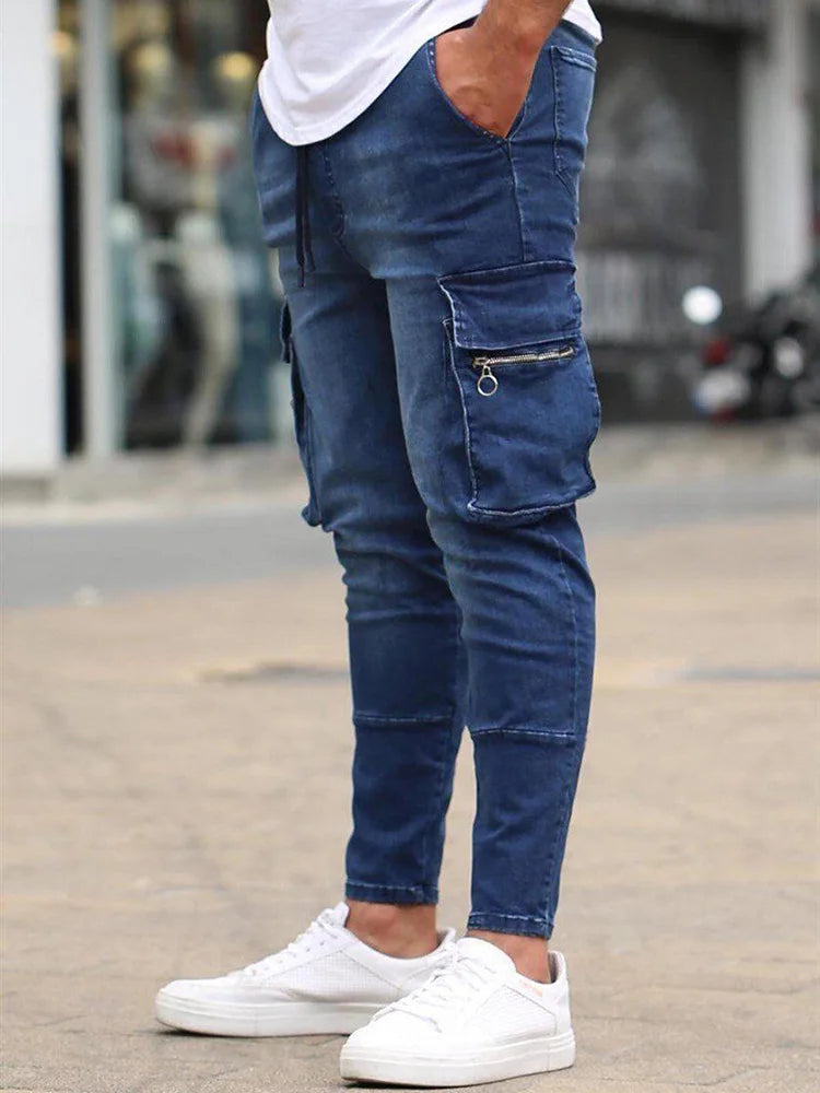 European and American Men's Multi Pocket Elastic Jeans with Zipper Decoration Work Clothes Punk Skinny Denim Cargo Pants