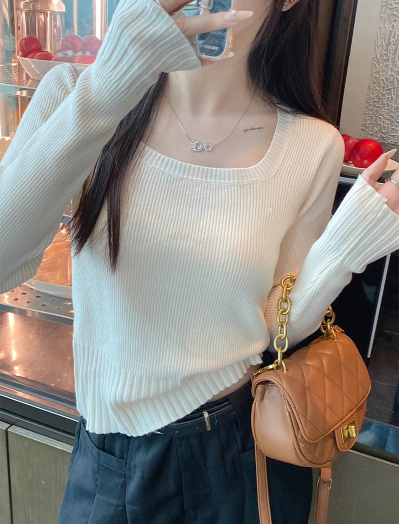 Autumn Winter Fashion Sweater Slim Knitted Pullover Women Square Collar Soft Solid Jumper Casual All Match Female Tops 2024 New