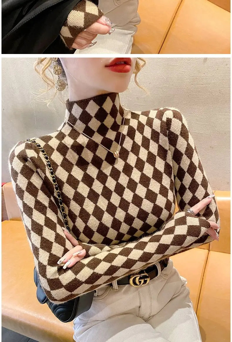 Women Clothing Fashion Elegant Mock Neck Long Sleeve Pullovers Spring Autumn Chic Slim Plaid All-match Tops Office Lady Sweaters