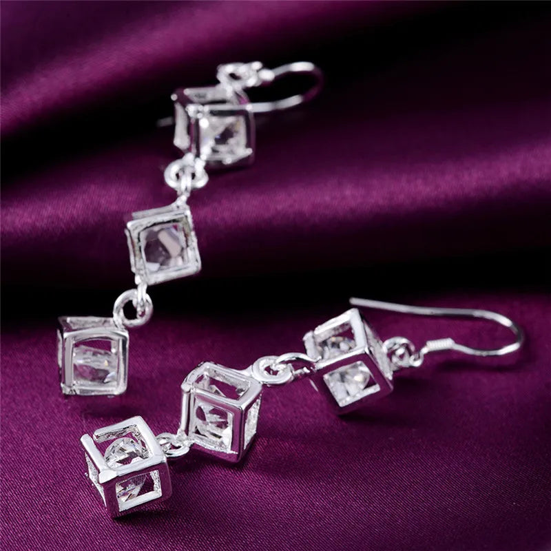 925 Sterling Silver Earrings Fashion Jewelry Elegant Woman Crystal Lattice Drop Long Earrings Trendsetter Christmas Gifts