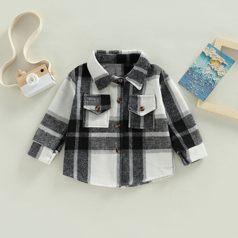 Toddler Baby Boy Girl Plaid Shirt Jacket Outfits Button Down Cardigan Kids Long Sleeve Coat Tops Fall Clothes