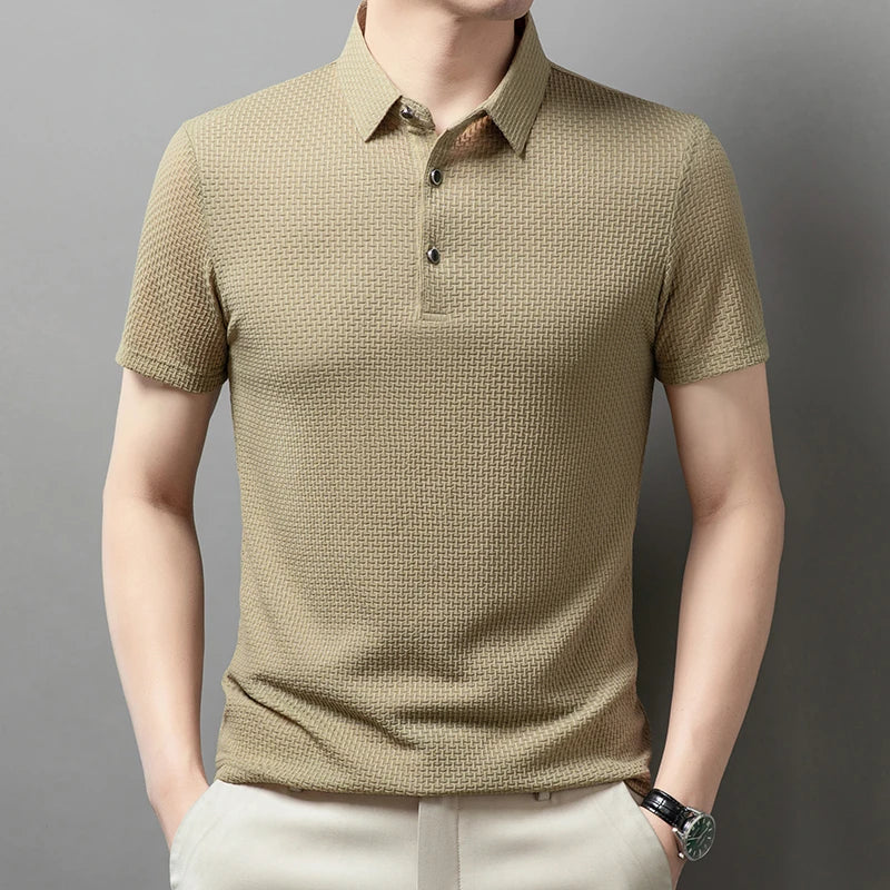 New Men's Checkered Short Sleeved Solid Color POLO Shirt Breathable and Comfortable Elastic Top