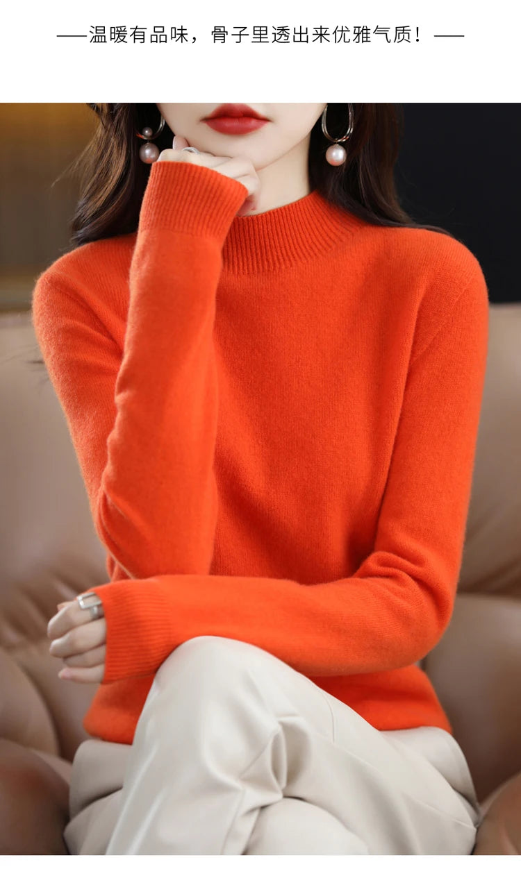 100% merino wool cashmere sweater women's sweater semi-high-necked long-sleeved pullover warm pullover in autumn and winter