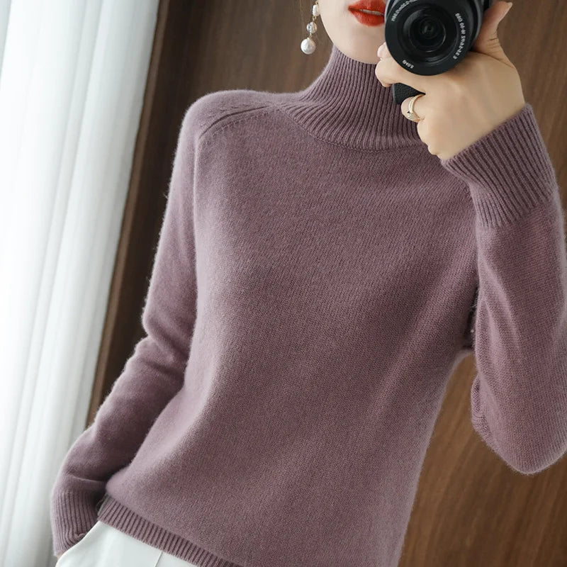 Turtleneck Merino Wool Pullover Basic Casual Cashmere Sweater Comfort Autumn Winter Women's Raglan Sleeve Clothing Tops