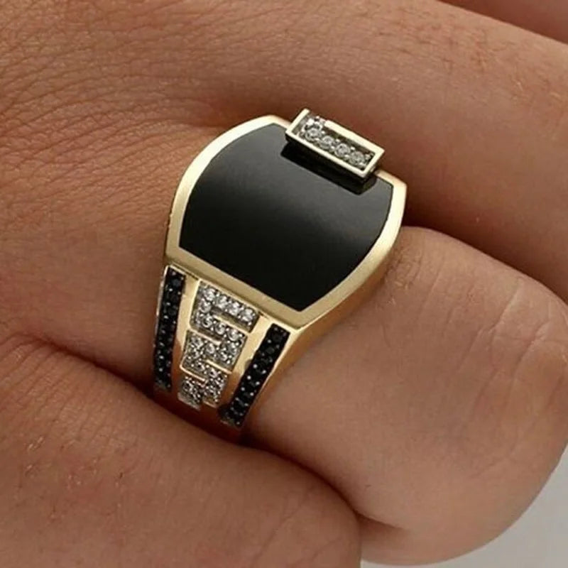 Classic Men's Ring Fashion Metal Gold Color Inlaid Black Stone Zircon Punk Rings for Men Engagement Wedding Luxury  Jewelry