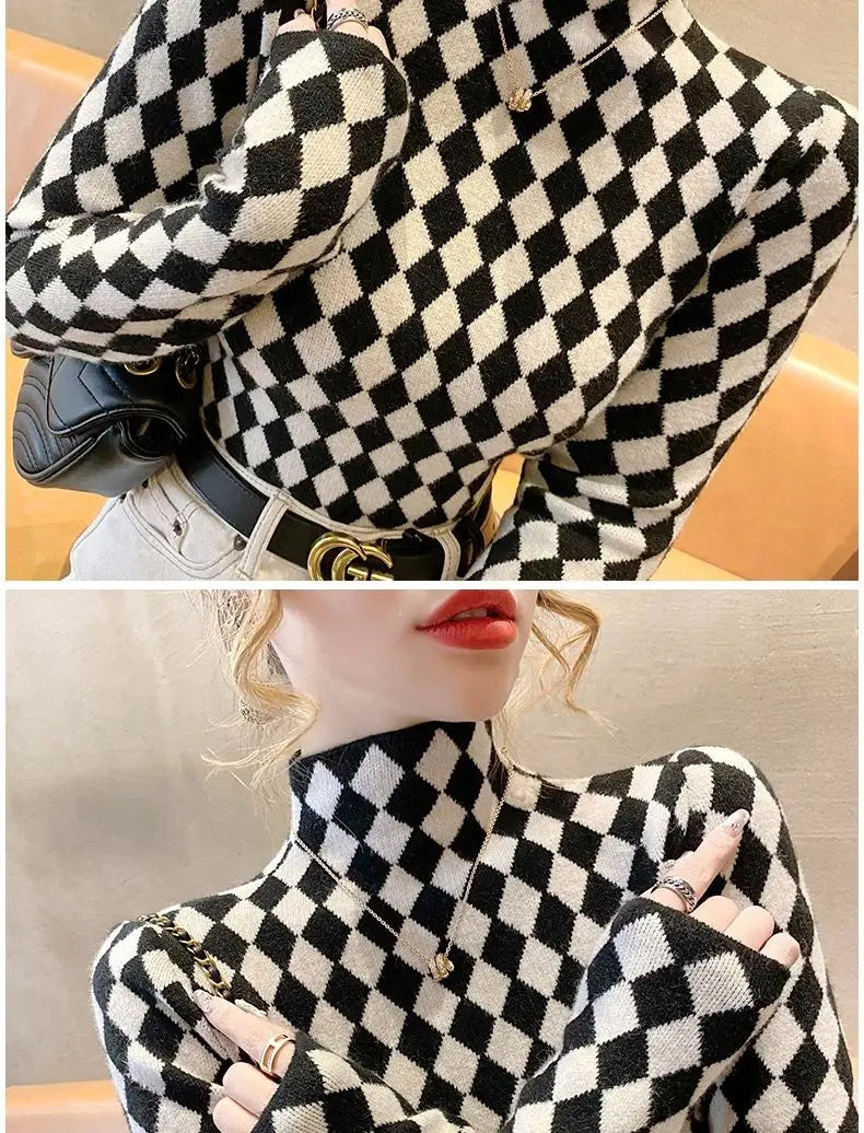 Women Clothing Fashion Elegant Mock Neck Long Sleeve Pullovers Spring Autumn Chic Slim Plaid All-match Tops Office Lady Sweaters