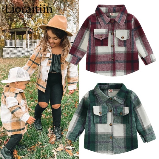 2022-08-23 Lioraitiin 0-4Years Kids Baby Girl Boy Plaid Shirt Jacket Casual Lapel Long Sleeve Button Up Cardigan Jacket Coat