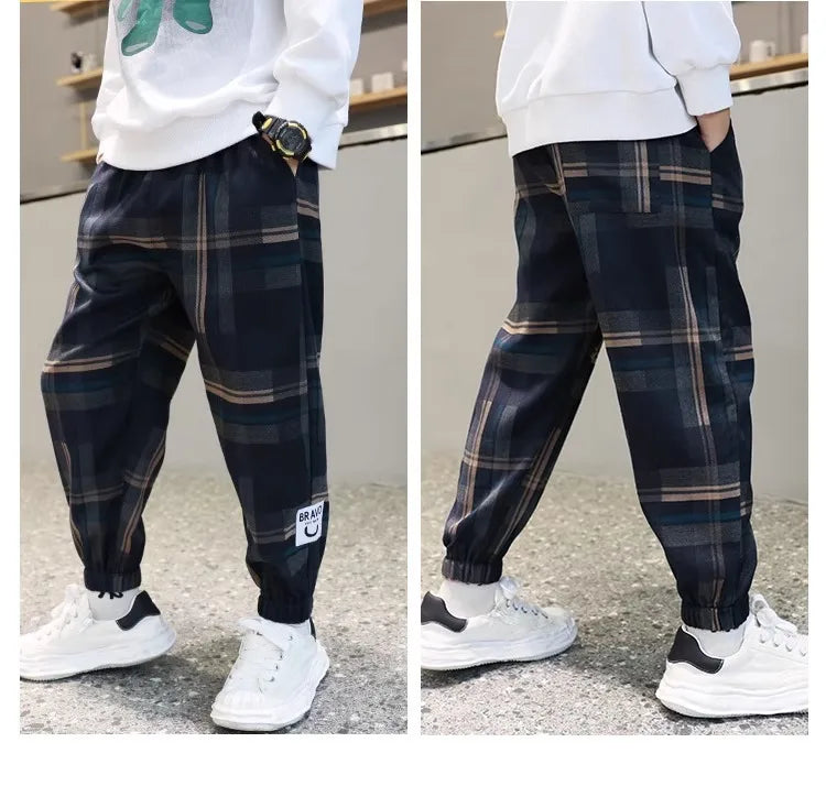 2024 Fashion Boys Cotton Plaid Pants Spring Autumn Toddler Casual Kids Loose Trousers Sweatpants for Teenage Children Clothes