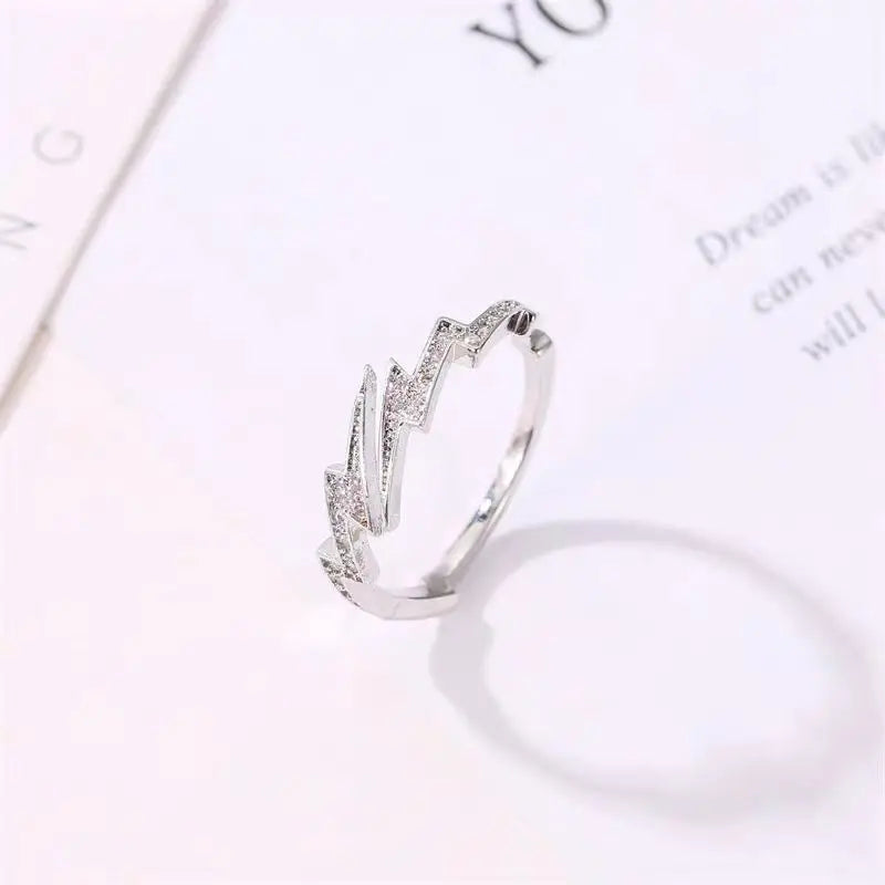 Punk Hip Hop Silver Color Zircon Lightning Open Rings for Men Fashion Jewelry Gift Creative Adjustable Ring Trendy Couple Rings