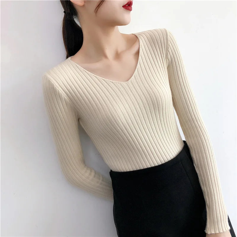 Autumn Winter Knitted V Neck Women Sweaters Casual Long Sleeve Pullover Soft Warm Sweater Femme Fashion Basic Solid Jersey Tops