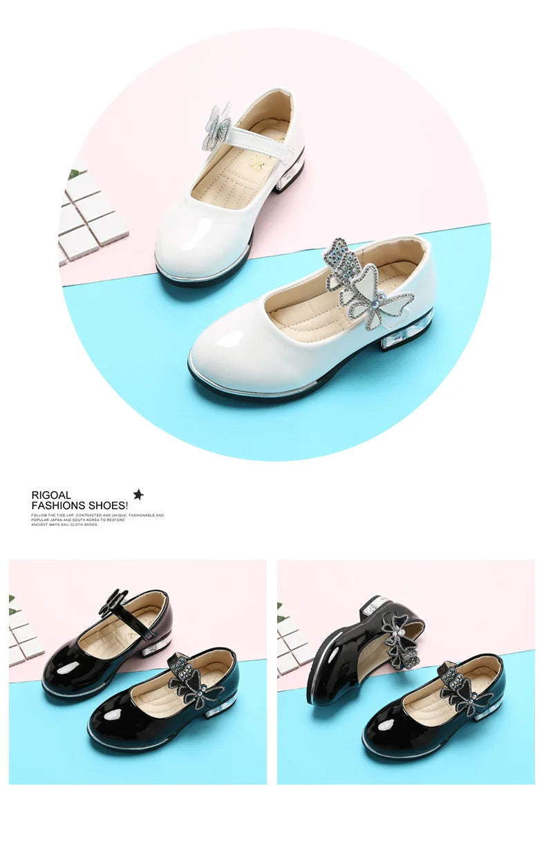 Girls Leather Shoes 2023 Spring Summer PU Patent Leather Kids Dress Shoes High Heels Butterfly-knot Dress Shoes for Wedding Chic