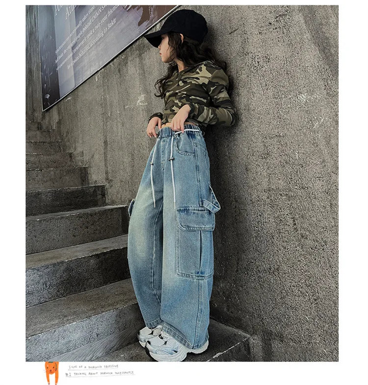 Cargo Jeans for Girls Spring Autumn Loose Casual Elastic Waist Teenage Children Wide Leg Pants Design Streetwear Kids Trousers