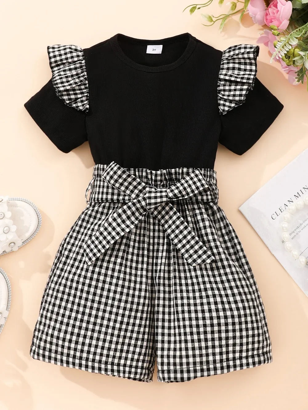 Summer Plaid Set Kids Girl Clothes Short Sleeve T-shirt Plus Short Plus Belt 3 To 7 Years Old Fashion Casual Cute Kids Set