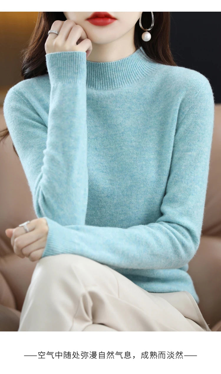 100% merino wool cashmere sweater women's sweater semi-high-necked long-sleeved pullover warm pullover in autumn and winter