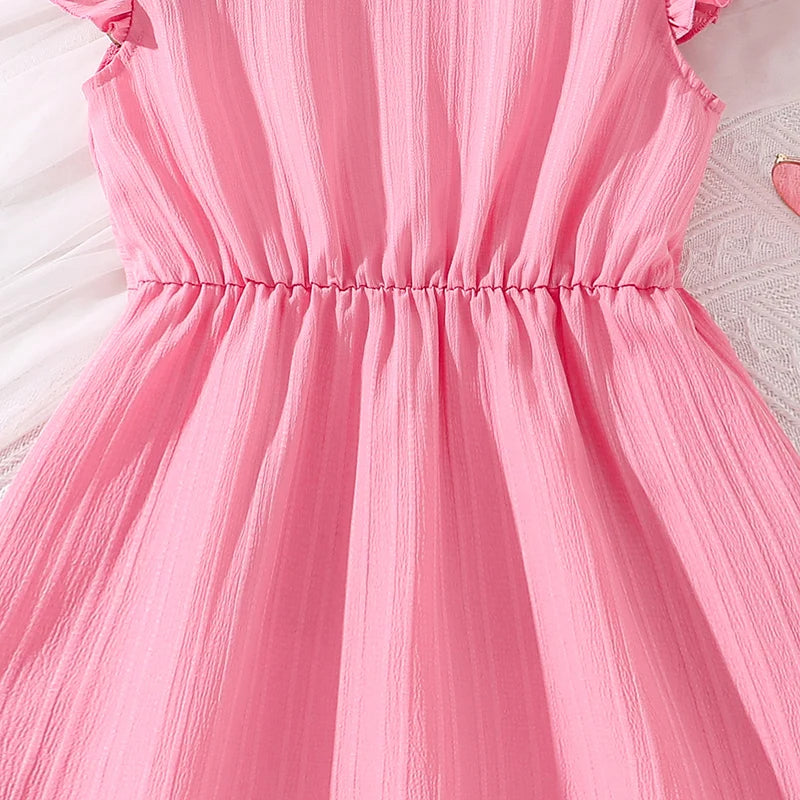 Kids Dresses for Girls 8-12 Years Pink Small Flying Sleeves V-Neck Dress 2024 New Summer Teenager Sweet Casual Daily Dress