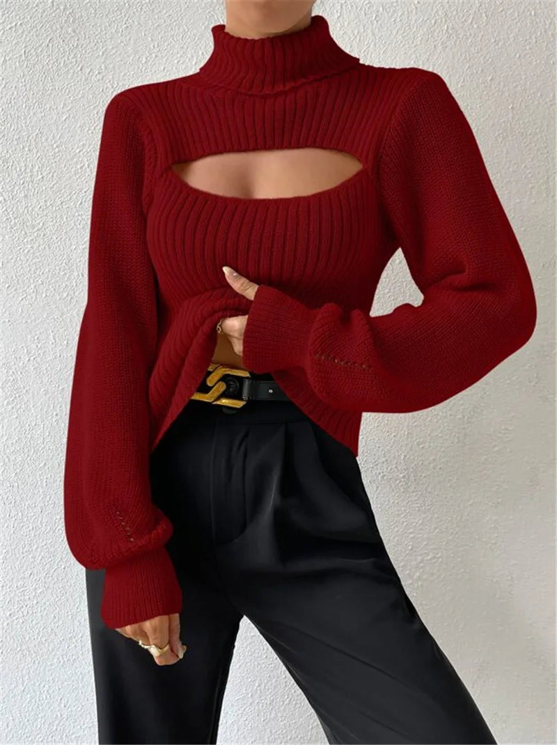 Chest Hollowed-out Sexy Sweater Design Sexy Loose Matching Sweater Fall Winter Turtleneck Hollowed-out Sweater Women Wear Top