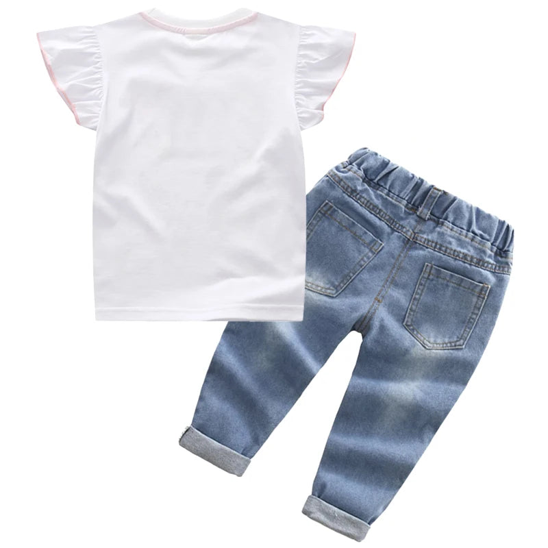 2024 Summer Baby Girls Clothing Set Cartoon Minnie Mouse T-shirt Jeans Pants 2Pcs For 2-6 Years Kids Clothes Child Tracksuit