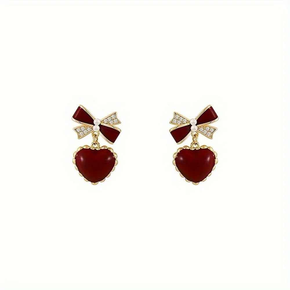 2pcs Fashion Creative Red Bow & Heart Shaped Dangle Earrings, Exquisite Party Commemorative Jewelry Gifts Beautiful Style Gifts