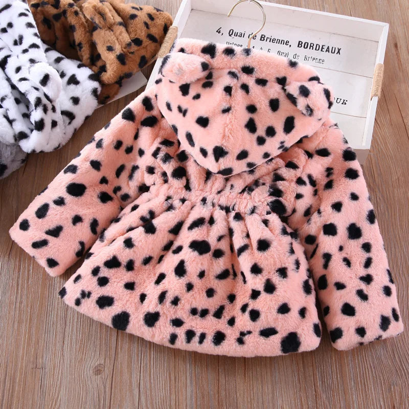 Autumn Winter Plush Baby Girls Jacket Fashion Leopard Print Warm Faux Fur Coat For Girls Hooded Outerwear 2-8 Years Kids Clothes