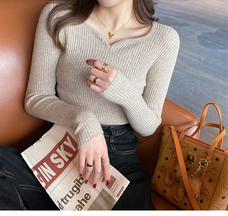 ITOOLIN Women Slim V-Neck Bottoming Sweater Autumn Winter For Women Casual Pullovers Long Sleeve Knit Warm Office Sweater 2024