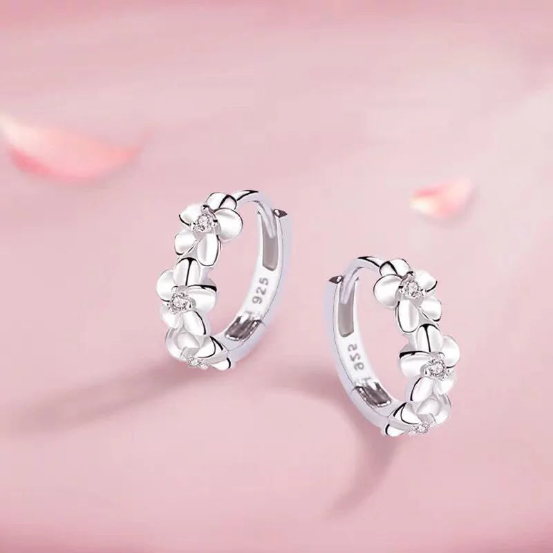 New Korea Trendy Charm Crystal Zircon Flower Hoop Earrings for Women Luxury Silver Color Stainless Steel Dangle Earring Jewelry