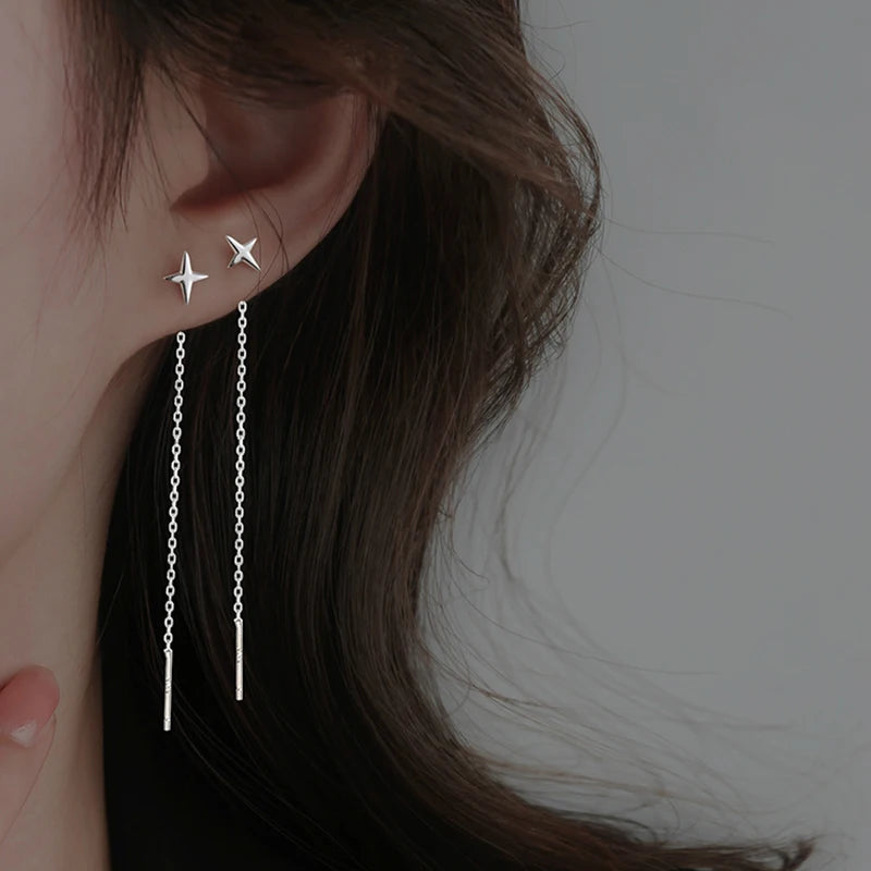 JWER S925 Silver Needle Star Line Earring for Women Tassel Drop Earring Long Chain Beads Piercing Earring Asymmetry Ear Jewelry