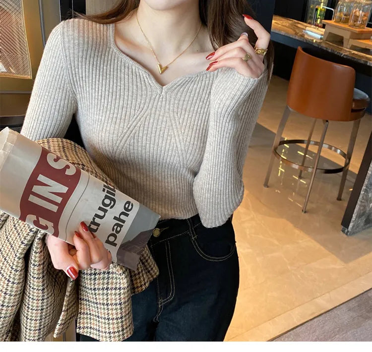 ITOOLIN Women Slim V-Neck Bottoming Sweater Autumn Winter For Women Casual Pullovers Long Sleeve Knit Warm Office Sweater 2024