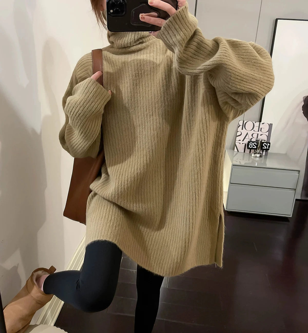 Women Simple Casual Oversized Turtleneck Knitted Sweater 2023 Autumn Winter Trendy Split Long Sleeve Pullover Tunic Tops Jumpers