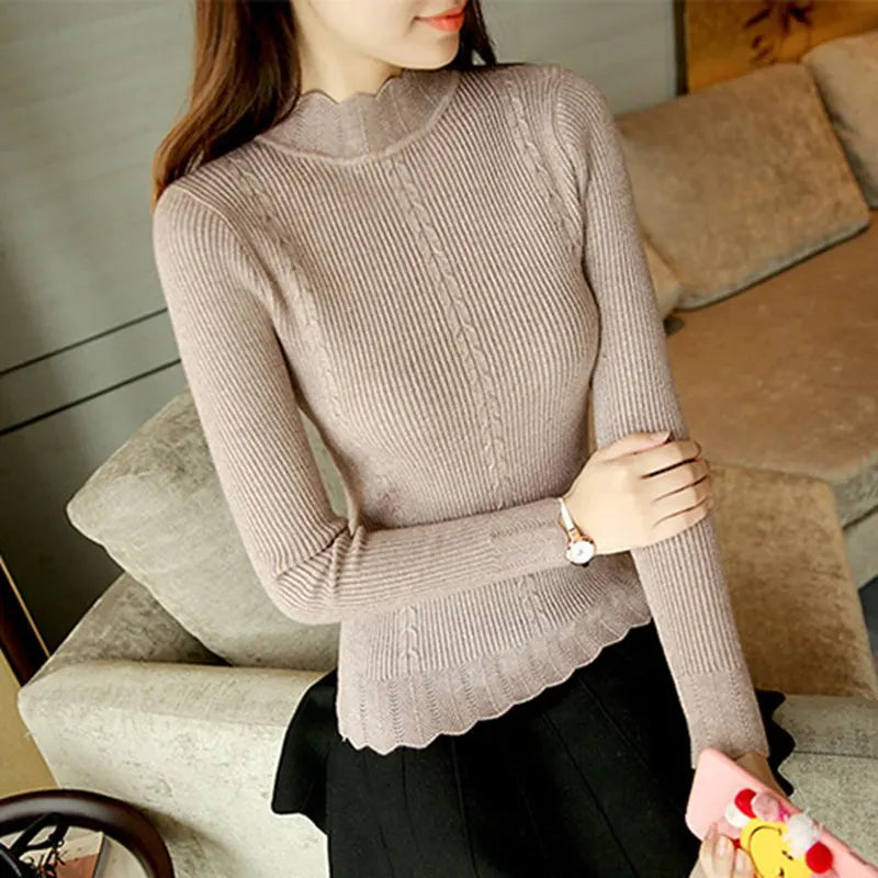 Autumn Korean Slim Fashion Women Knit Sweater High Elastic Turtleneck Bottoming Basic Pullovers Winter Sexy Sweater Women 7570