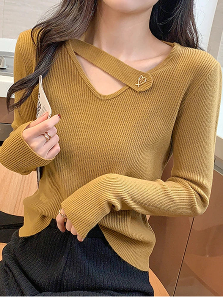 Hollow-out V-neck Women's Sweater Autumn Winter Knitted Pullovers Slim Bottoming Solid Soft Knitwear Jumpers Basic Sweaters 2024