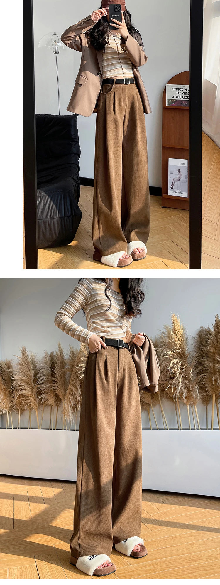 Elegant Wide Leg Pants for Women 2024 Autumn New Maillard Full Length Trousers Winter Women's Baggy Pants with Velvet Sweatpants