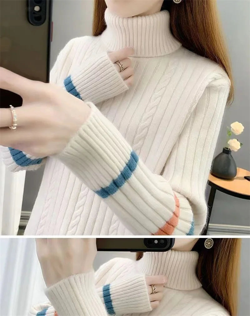 2023 Autumn Winter Women Turtleneck Sweater Soft Pullovers Loose Warm Elasticity Long Sleeved Knitted Sweater Jumper Female Tops