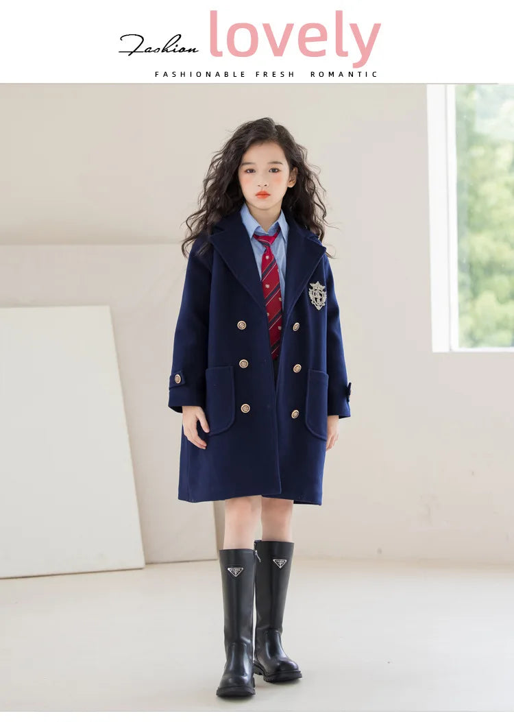 Winter Girls Wool Coat Long Double-faced Tweed Overcoat for Kids Fashion Casual Grey 10 12 14 Years Teenage Children Outerwear