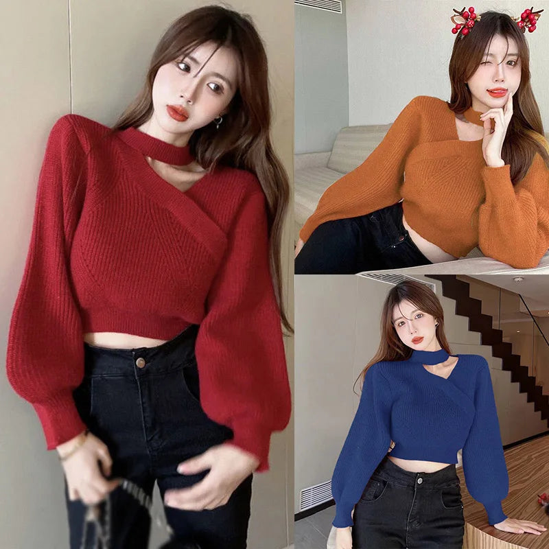 Women's Neck Hanging Solid Sweater Warm Pullover Sweater V-neck Cross Neck Off Shoulder Knitwear Tops