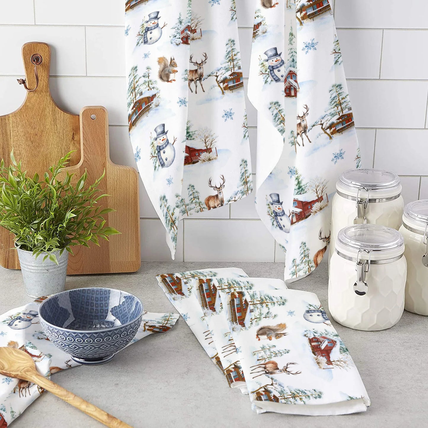 Winter Christmas Farmhouse Squirrel Snowman Elk Soft Microfiber Kitchen Towels Absorbent Dish Cloth Kichen Cleaning Supplies