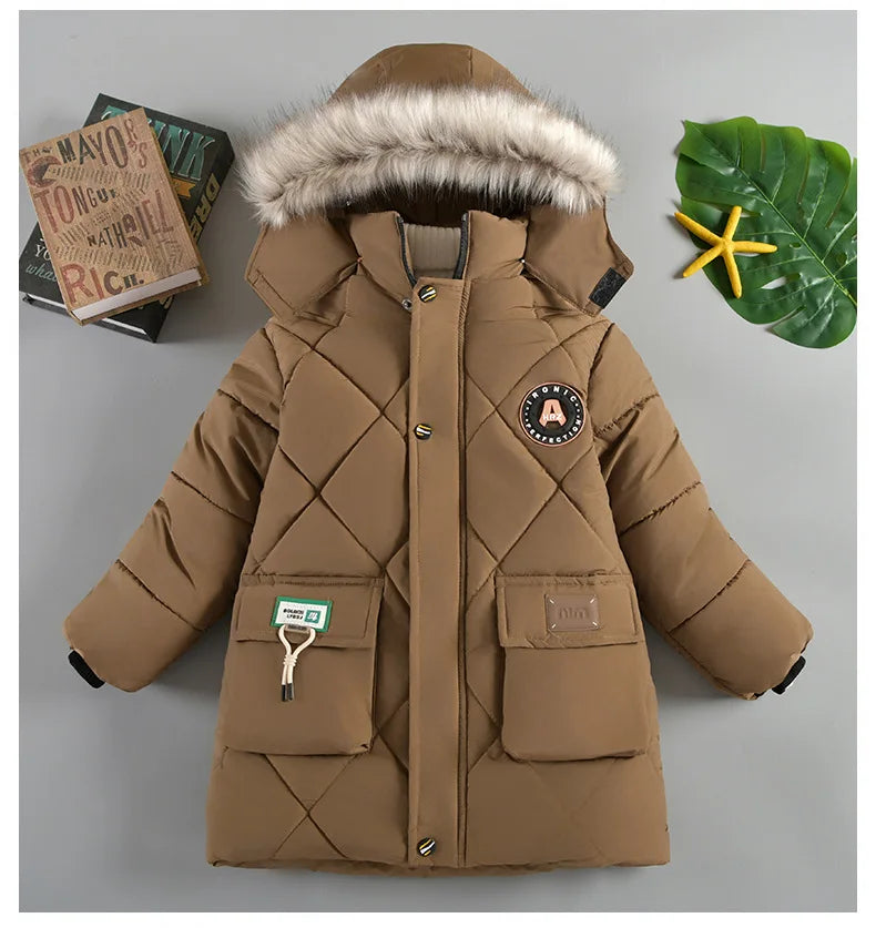 2024 Winter New Boys Jacket Solid Color Lining Plush Keep Warm Fur Collar Hooded Zipper Outerwear For 4-10Y Teen Kids Snowsuit