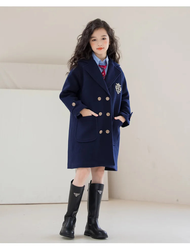 Winter Girls Wool Coat Long Double-faced Tweed Overcoat for Kids Fashion Casual Grey 10 12 14 Years Teenage Children Outerwear