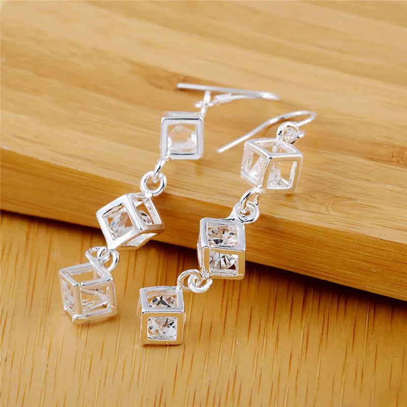 925 Sterling Silver Earrings Fashion Jewelry Elegant Woman Crystal Lattice Drop Long Earrings Trendsetter Christmas Gifts