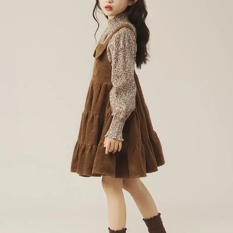 Autumn Children's Girls Daisy Printed Full Sleeve Tshirts and Flannel Suspenders Dress Set Elegant Lolita Spring Clothes