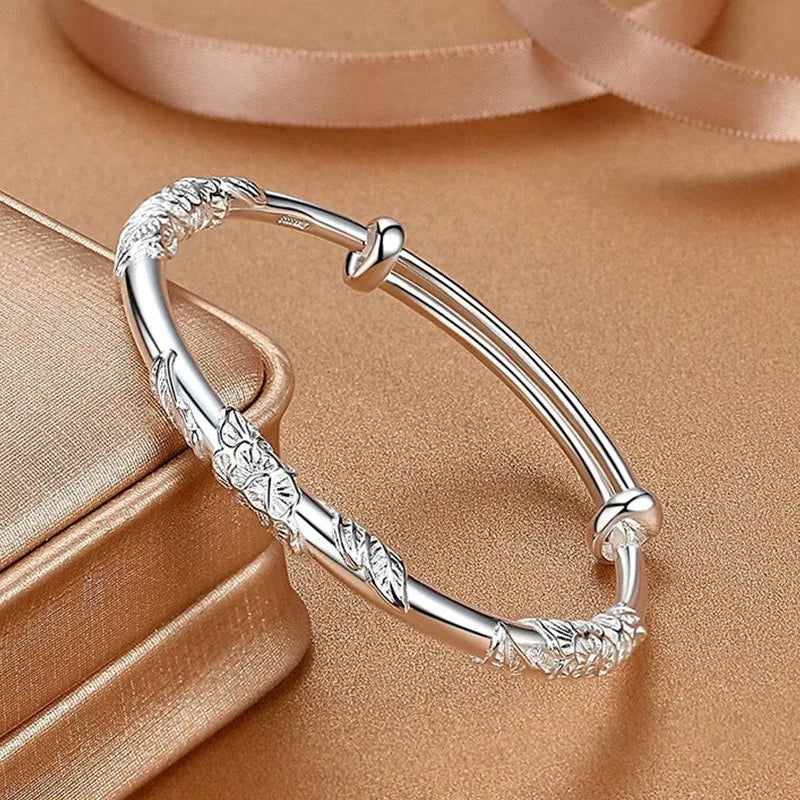 925 Sterling Silver Full-blown Flowers Bracelet For Women Original Light Luxury Texture Adjustable Solid Bracelet Party Jewelry