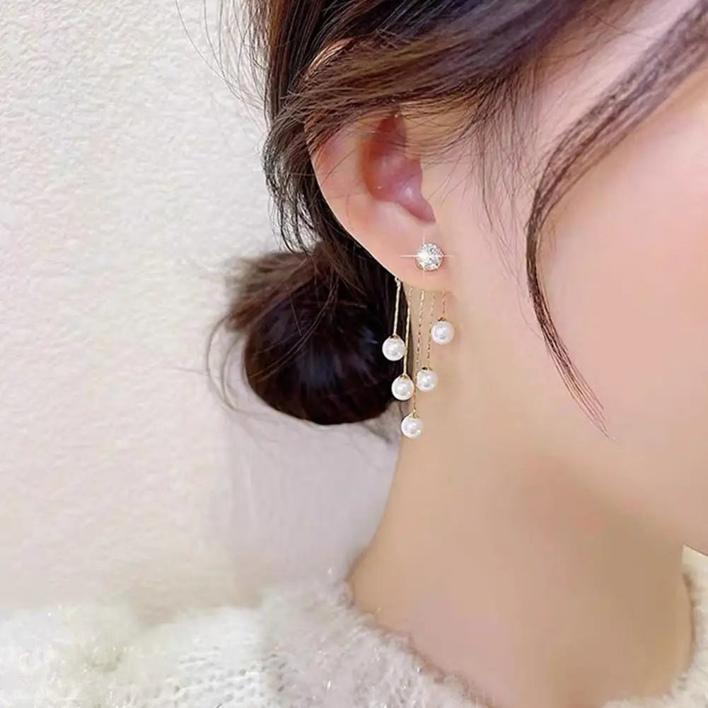 Trend Sparkling Rhinestone Pearl Earrings For Women Exquisite Long Pendant Earrings Fashion Korean Wedding Party Jewelry Earring