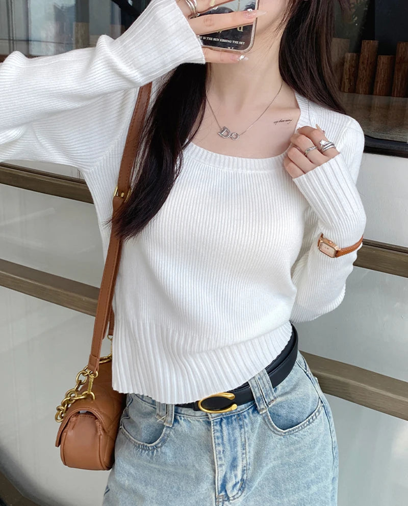 Autumn Winter Fashion Sweater Slim Knitted Pullover Women Square Collar Soft Solid Jumper Casual All Match Female Tops 2024 New