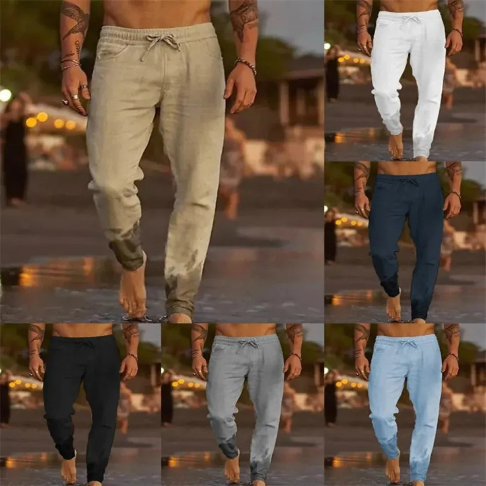 Men's Beach Pants Joggers Streetwear Cotton Linen Sweatpants Casual Pants Hawaiian Vacation Loose Summer Straight Pants Male