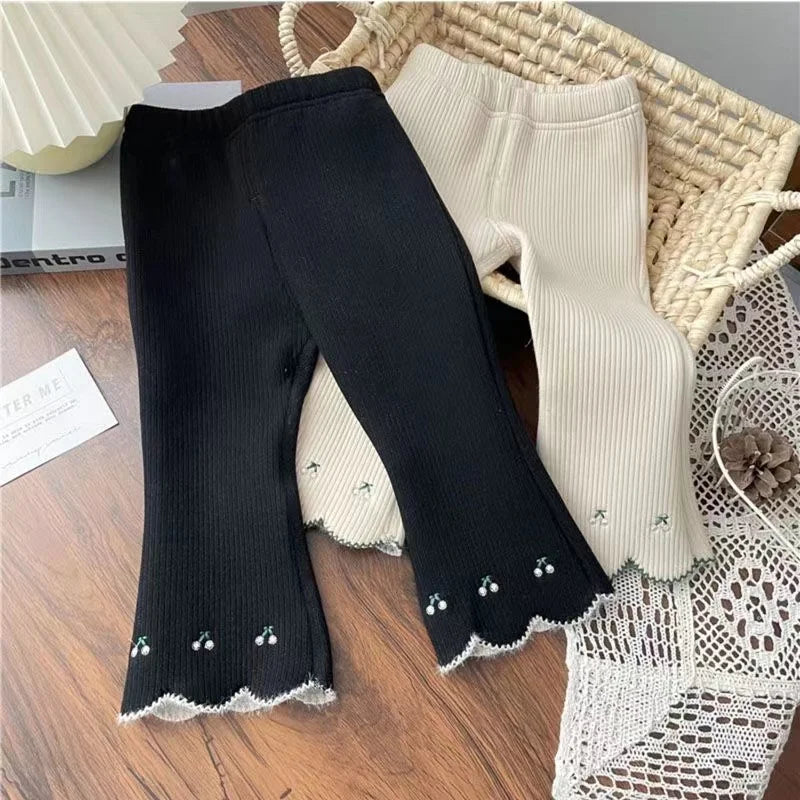 Girls One Piece Velvet Flare Pants Autumn and Winter Children's Korean Edition Foreigner Versatile Pants Baby plush warm pants