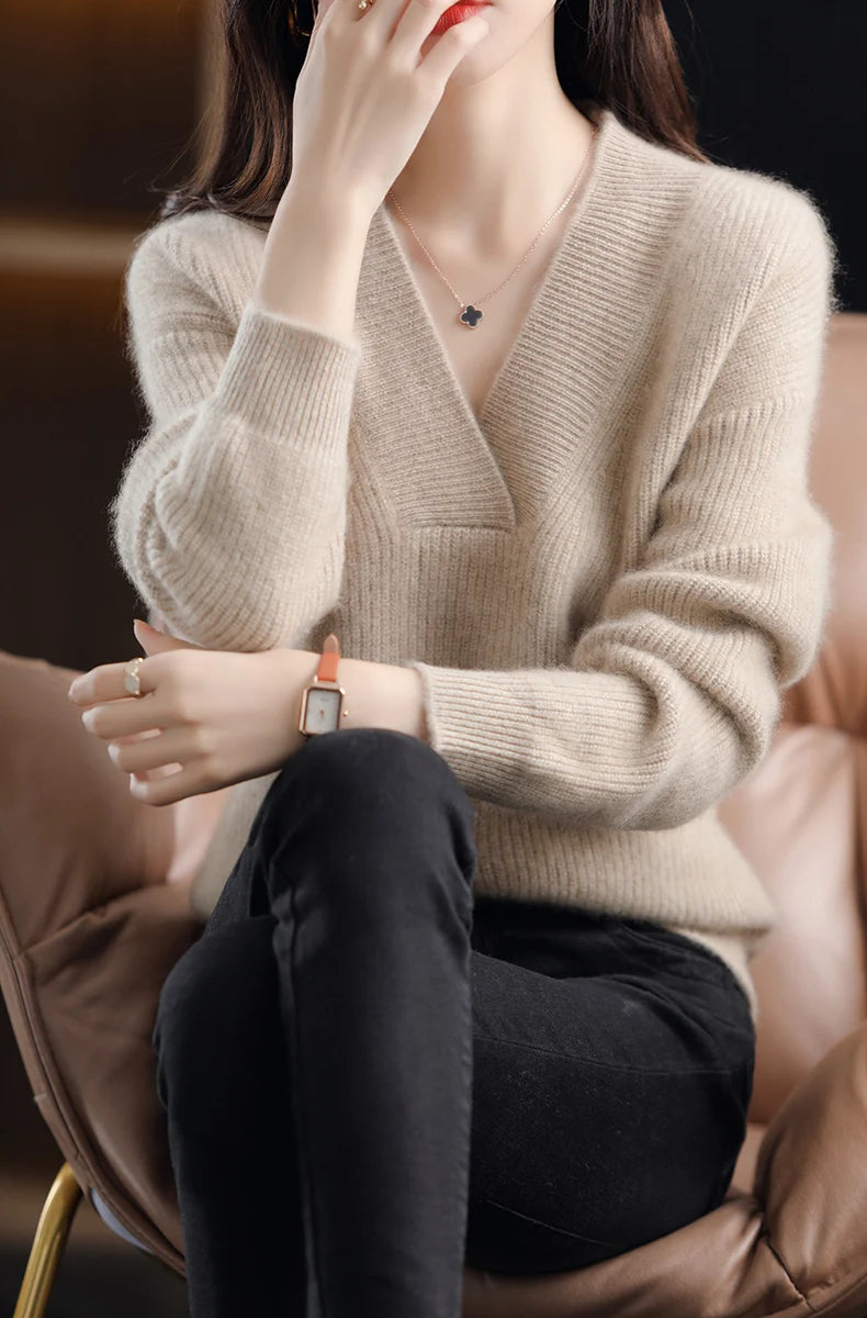 V-Neck Autumn Winter Sweater pullovers Women 2024 loose thick cashmere Sweater Pullover women oversize sweater jumper