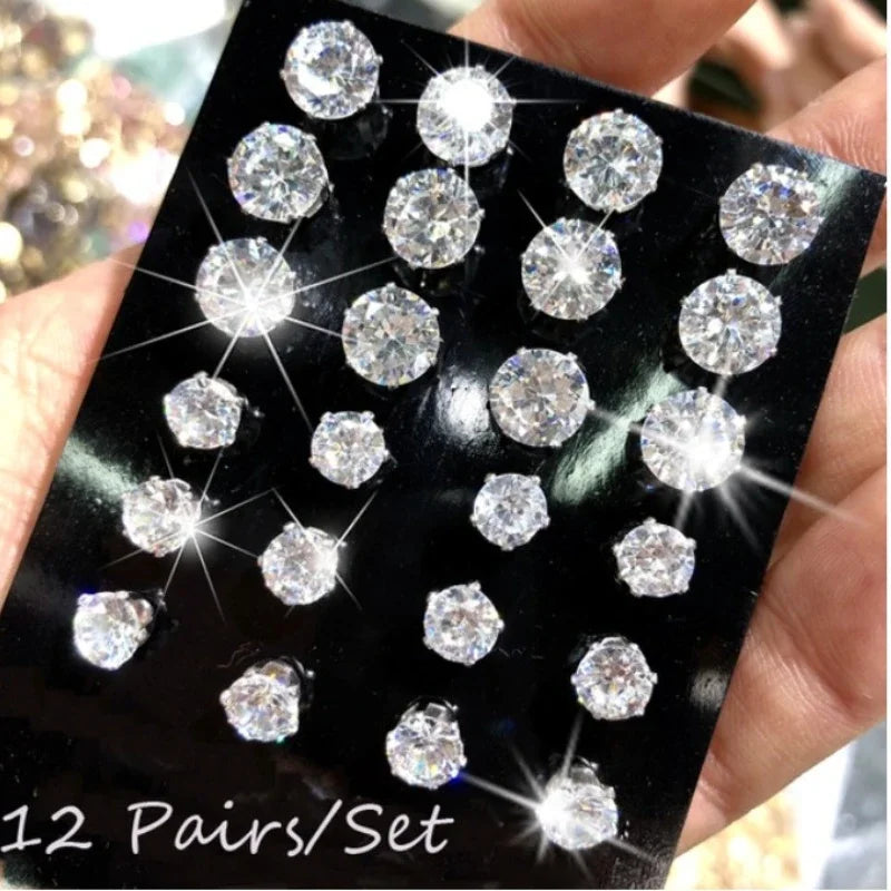 12 Pair/Lot White Shiny Wedding Stud Earrings Set for Women Men Cubic zircon Jewelry Accessories Minimalist Earring Jewelry Gift