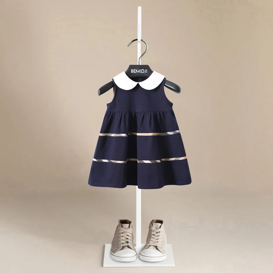 Summer Casual Fashion Turndown Collar Baby Girls Dresses Kids Sleeveless Plaid British Style  A-line Princess Dresses for Girls